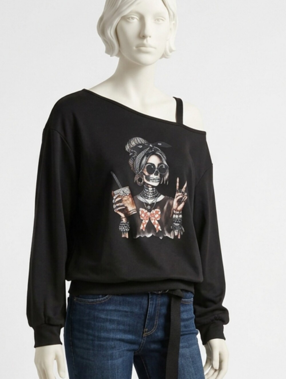 Halloween Skeleton Girl Off Shoulder Sweatshirt XL Black Spooky Graphic Pullover